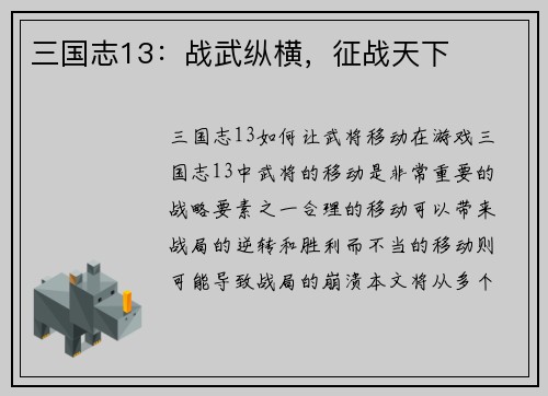 三国志13：战武纵横，征战天下